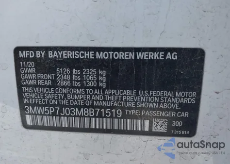 2021 BMW 3 Series 330E from USA, damaged, VIN 3MW5P7J03M8B71519